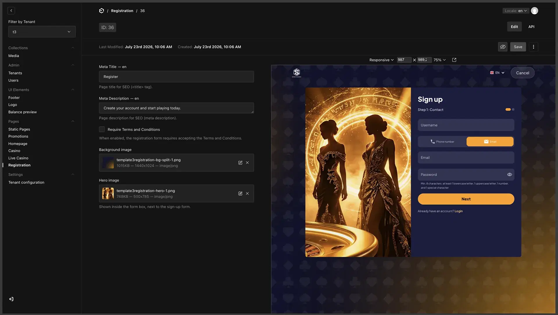 Spark CMS registration settings next to a live sign-up preview