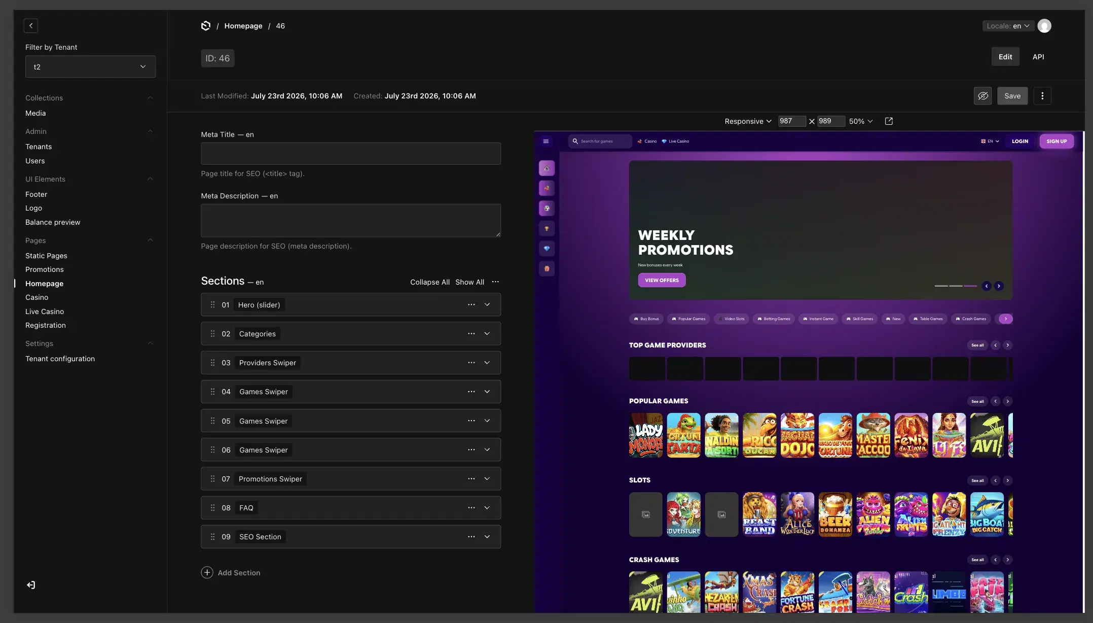 Spark CMS editing a casino homepage next to its live preview